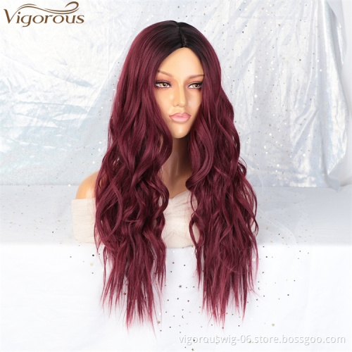 Vigorous Wholesale High Temperature Ombre Red Middle Part Wig Long Natural Wave Cosplay Synthetic Wig for Women